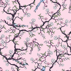 Japanese Birds. Decorative seamless pattern. Repeating background. Tileable wallpaper print.