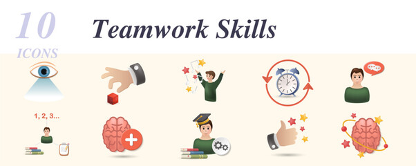 Teamwork skills set. Creative icons: visual perception, fine motor skills, articulation, memory, inner dialog, basic education, mental health, learning skill, perfection, cognitive skills.