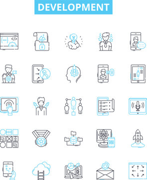 Development vector line icons set. Growth, Improvement, Expansion, Advancement, Proliferation, Progression, Enhancements illustration outline concept symbols and signs