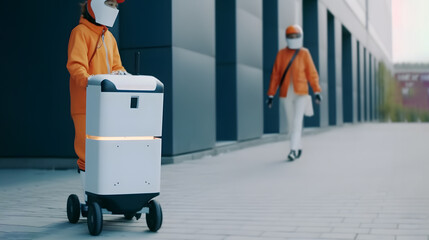 an autonomous robot Drone on wheels delivers a parcel to a human during quarantine, Generative AI