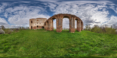 Fototapeta na wymiar full spherical hdri 360 panorama near stone abandoned ruined palace building with columns at evening in equirectangular projection, VR AR virtual reality content