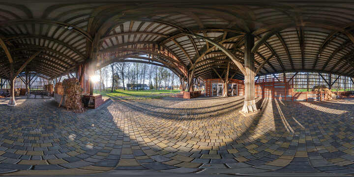 360 seamless hdri panorama view inside modern gazebo at evening in equirectangular spherical projection, ready AR VR virtual reality content