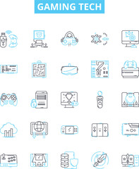 Gaming tech vector line icons set. Gaming, Tech, Console, Controller, VR, Racing, Simulator illustration outline concept symbols and signs