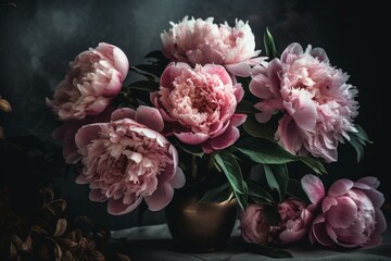 Watercolor art of a bouquet of peony flowers. Generative AI
