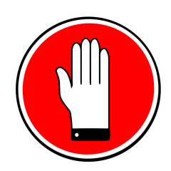 Vector illustration of warning sign with male hand on red color background. Flat line art style design of hand and stop symbol