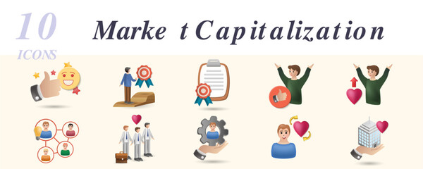 Market capitalization set. Creative icons: positivity, development, genunity, respect, passion, leadership, company ethics, responsibility, sensitivity, company value.