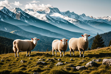 Fototapeta premium Sheep grazing in alpine meadows and units with mountain nature. Generative AI.