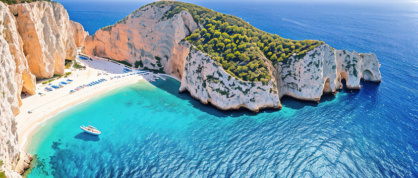 Navagio beach, Zakynthos island, Greece, Generative AI.