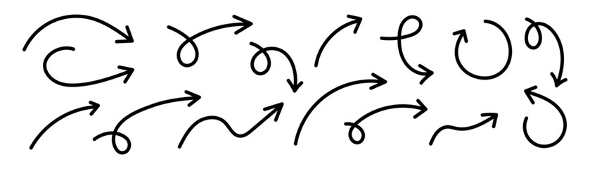 Curved arrows. Set of vector hand drawn arrows. Collection of pointers.