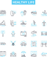 Healthy life vector line icons set. Wellness, Exercise, Nutrition, Hydration, Balance, Joy, Relaxation illustration outline concept symbols and signs