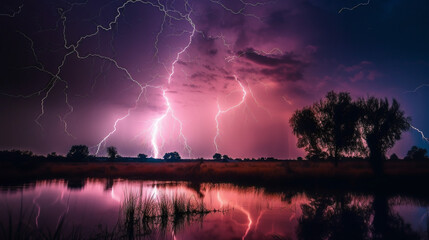 massive lightning storm illuminating the sky, ai generated