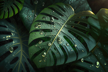 AI generated green leaves of monstera plant growing in wild tropical forest plant dark background