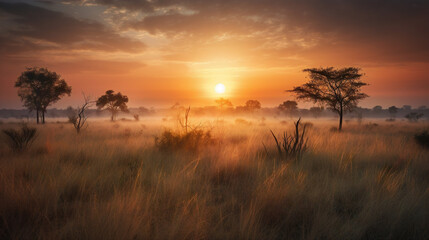 serene sunrise over a vast savannah, ai generated