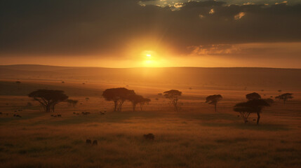 Plakat serene sunrise over a vast savannah, ai generated