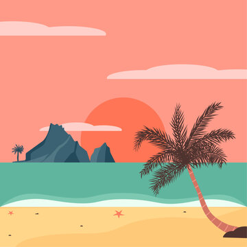 Seascape in retro style. Sunset on a tropical beach. Vector illustration