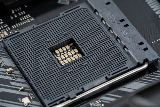 Socket AM4. Closeup of the AM4 Socket for the motherboard with natural light. Technological background. High quality photo