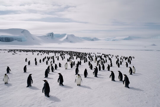 penguin colony on ice. AI generative image.