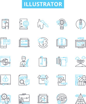 Illustrator vector line icons set. Illustrator, Vector, Design, Drawing, Create, Artwork, Pen illustration outline concept symbols and signs