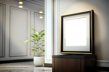 Poster frame mockup on modern living room interior background, lobby concept, Generative AI content,