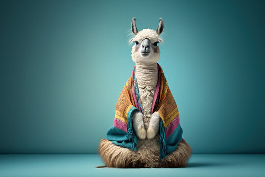 lama in boho clothes doing yoga, created with Generative AI technology