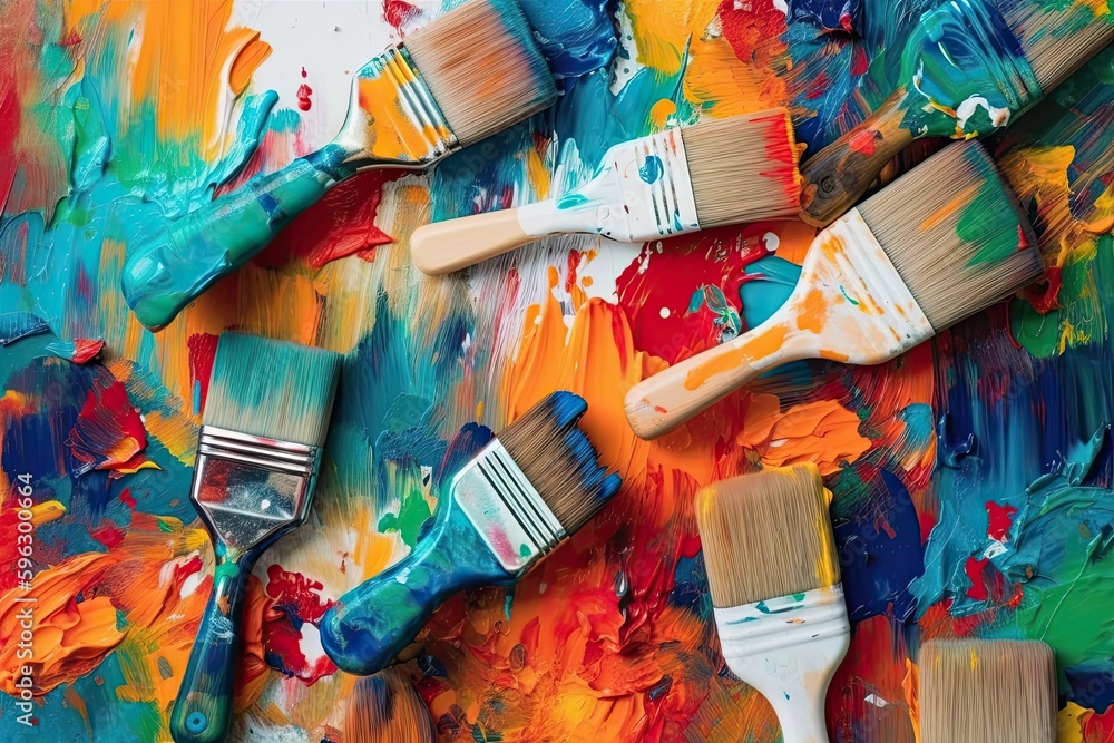 Poster set of paintbrushes neatly arranged on a wooden table. generative ai