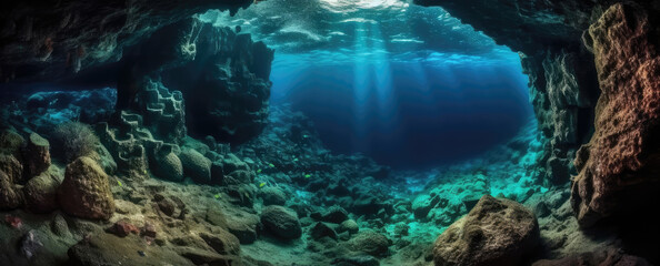 Fototapeta na wymiar A Deep Underwater Cave With Coral Reefs Panoramic Background. Generative AI