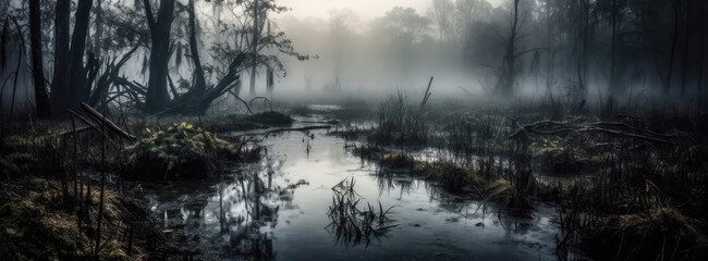 A Dark And Eerie Swamp With Fog Panoramic Background. Generative AI