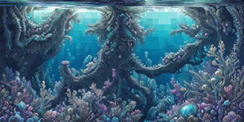 Underwater landscape. Aquatic background. Vector colorful illustration. Rectangular design.