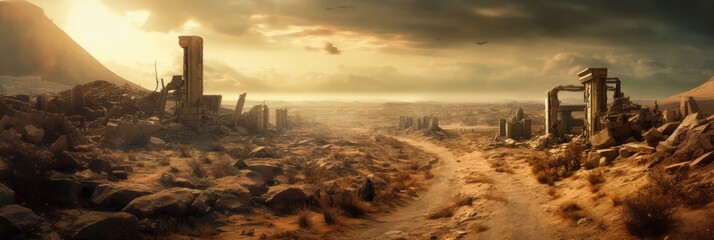 A Barren Wasteland With Ruins And Sandstorms Panoramic Background. Generative AI - obrazy, fototapety, plakaty