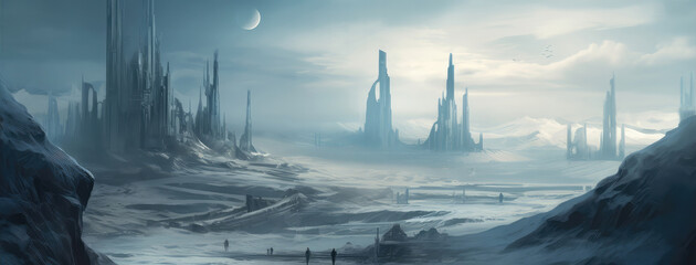 A Frozen Wasteland With Ice Palaces Panoramic Background. Generative AI