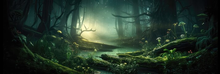 A Mystical Forest With Glowing Plants Panoramic Background (). Generative AI