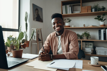 Fototapeta premium Businessman working in home office sitting behind his computer. Generative AI