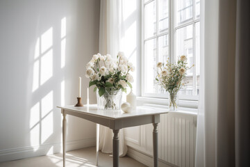 a white table with flowers in front of a window. Generative Ai