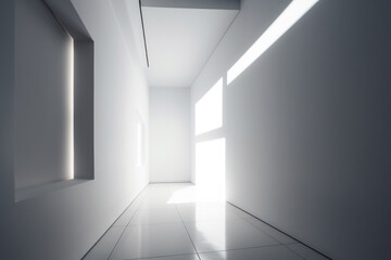 a long white hallway with a window and light. Generative Ai