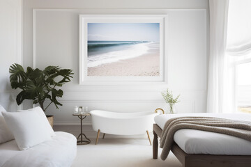 a white bedroom with a large picture on the wall. Generative Ai