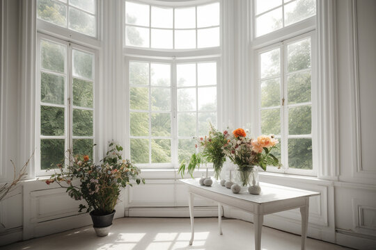 a room with large windows and flowers on a table. Generative Ai