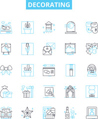 Decorating vector line icons set. Paint, Wallpaper, Furnishings, Curtains, Rugs, Carpets, Artwork illustration outline concept symbols and signs