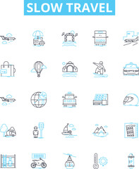 Slow travel vector line icons set. Slow, Travel, Sustainable, Ecotourism, Responsible, Community-based, Local illustration outline concept symbols and signs