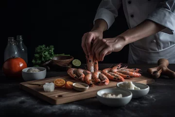 Foto op Canvas chef preparing shrimp on wooden board. Generative Ai © PETR BABKIN
