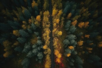 an aerial view of a vibrant forest with yellow and green trees. Generative AI
