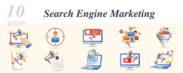 Fototapeta premium Search engine marketing set. Creative icons: direct marketing, focus group, web banner, social campaing, lead conversion, mobile marketing, viral marketing, e-commerce, video marketing, digital
