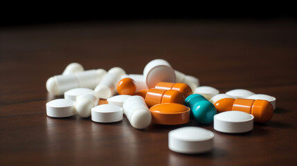 a pile of pills and capsules on a table. Generative Ai