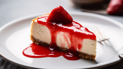 a slice of cheesecake with strawberry sauce on top. Generative Ai