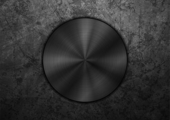 Black chrome circle on dark grunge textural background. Abstract geometric tech vector design