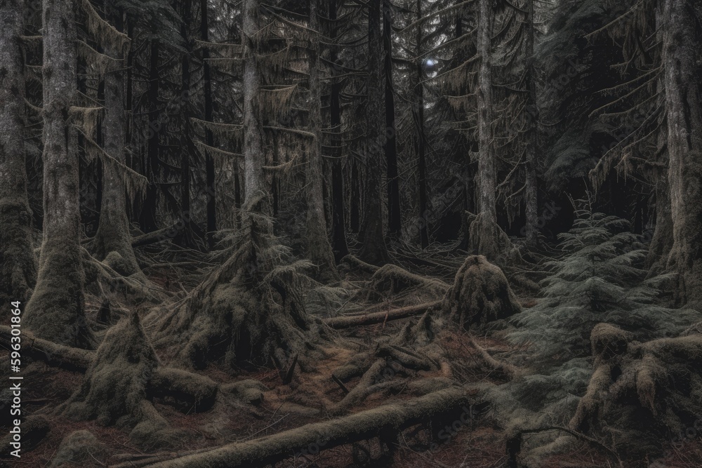 Aufkleber dense forest with towering trees and lush greenery. generative ai