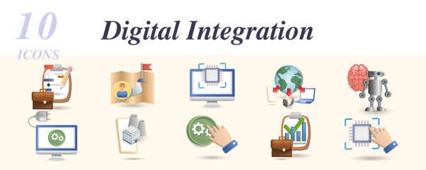 Digital integration set. Creative icons: plug and work, machine to machine, horizontal integration, embedded system, cyber physical system, blockchain, smart grids, internet of things, digitalization.