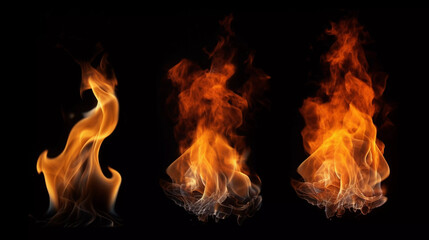 Fototapeta premium Fire flames collection on isolated on black background, generative ai