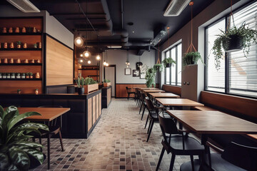 Interior design of beautiful modern cafe, bar. Created with generative Ai