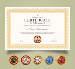 Certificate of Appreciation and Achievement template. Clean modern certificate with gold badge and modern curve line pattern. Diploma award design for business and education needs.