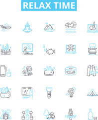 Relax time vector line icons set. Unwind, Recharge, Soothe, Repose, Recline, Tranquilize, Unburden illustration outline concept symbols and signs